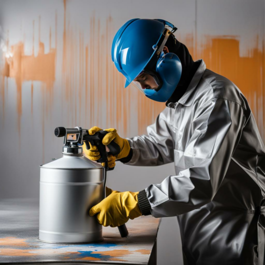 Paint sprayer worker painting on metal