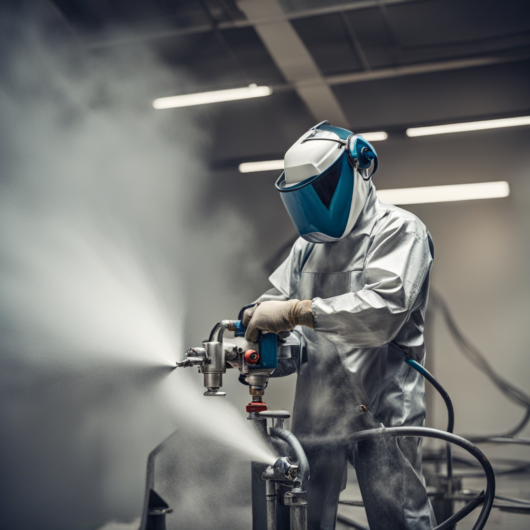 Paint sprayer worker painting on metalmachine